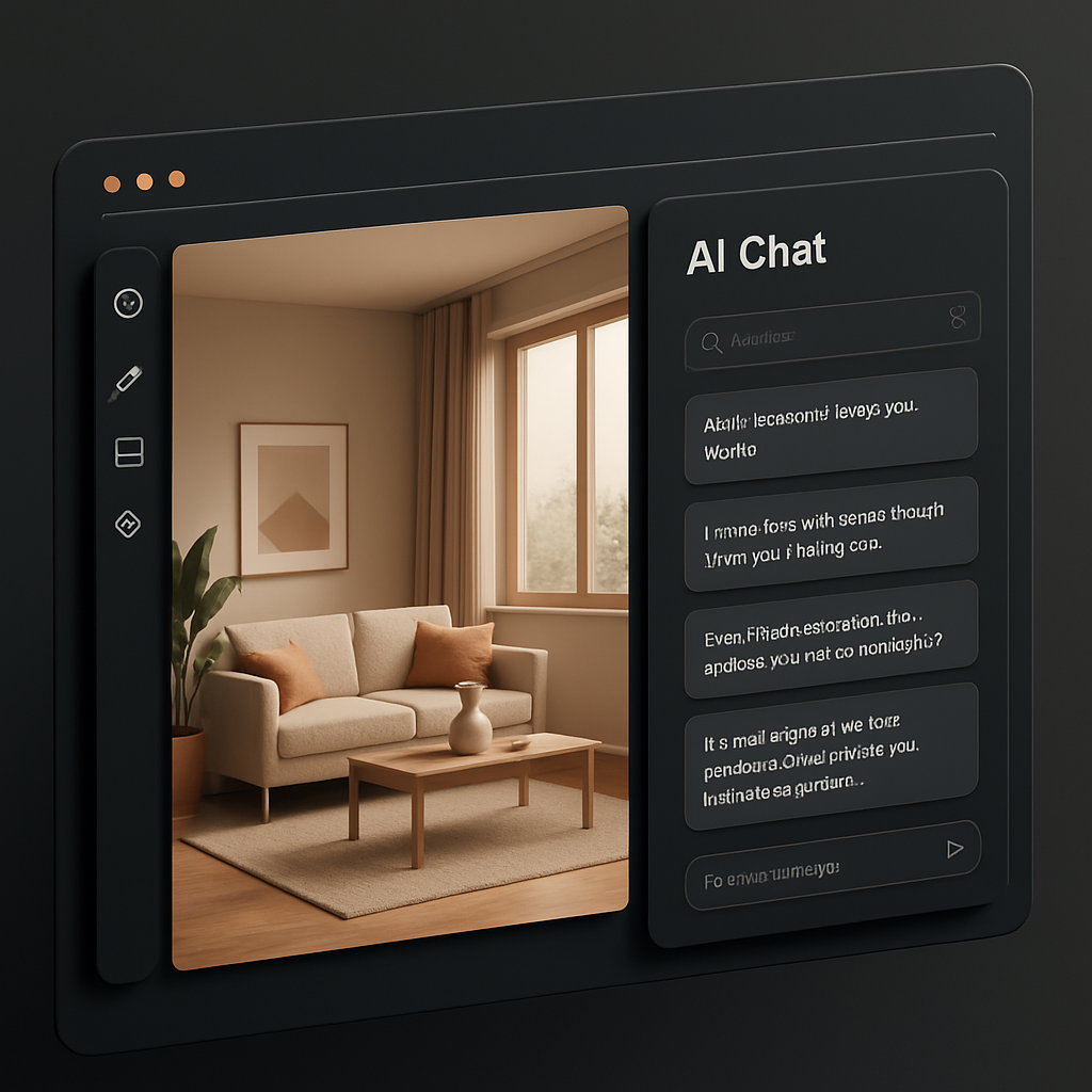 DesignStudio workspace showing a 3D room model beside an AI design chat